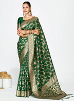 Vellora Emerald Green Banarasi Silk Saree with Rich Golden Zari Weaving - Distacart