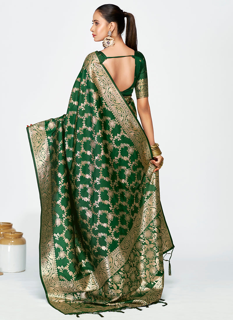 Vellora Emerald Green Banarasi Silk Saree with Rich Golden Zari Weaving - Distacart