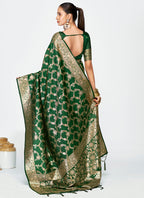 Vellora Emerald Green Banarasi Silk Saree with Rich Golden Zari Weaving - Distacart