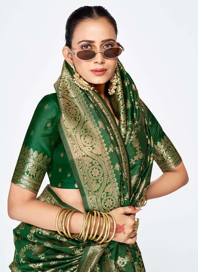 Vellora Emerald Green Banarasi Silk Saree with Rich Golden Zari Weaving - Distacart