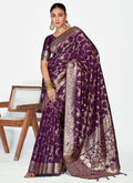 Vellora Plum Purple Banarasi Silk Saree with Traditional Floral Zari Pattern - Distacart