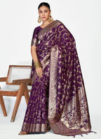 Vellora Plum Purple Banarasi Silk Saree with Traditional Floral Zari Pattern - Distacart