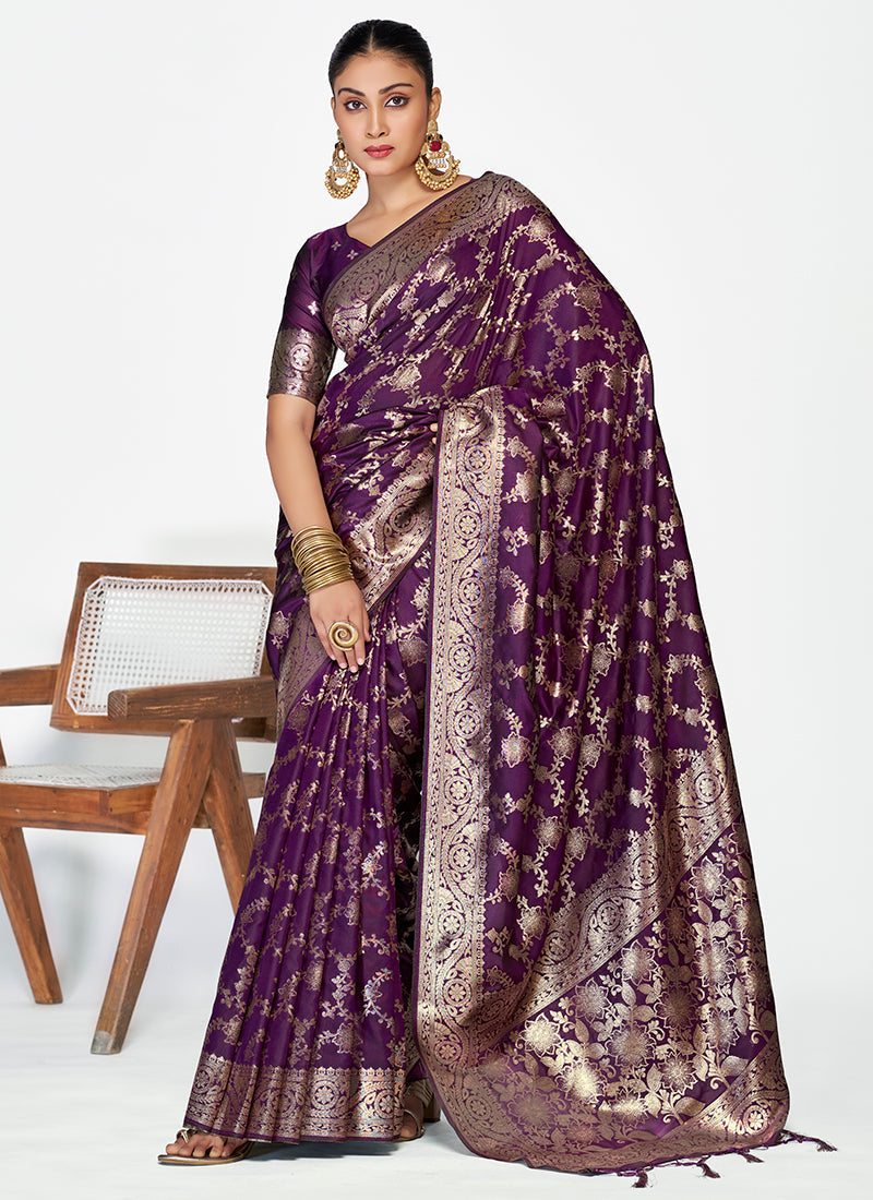 Vellora Plum Purple Banarasi Silk Saree with Traditional Floral Zari Pattern - Distacart