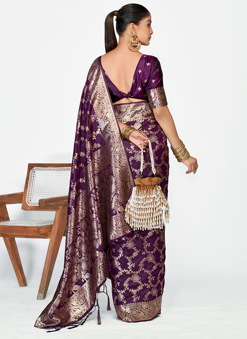 Vellora Plum Purple Banarasi Silk Saree with Traditional Floral Zari Pattern - Distacart