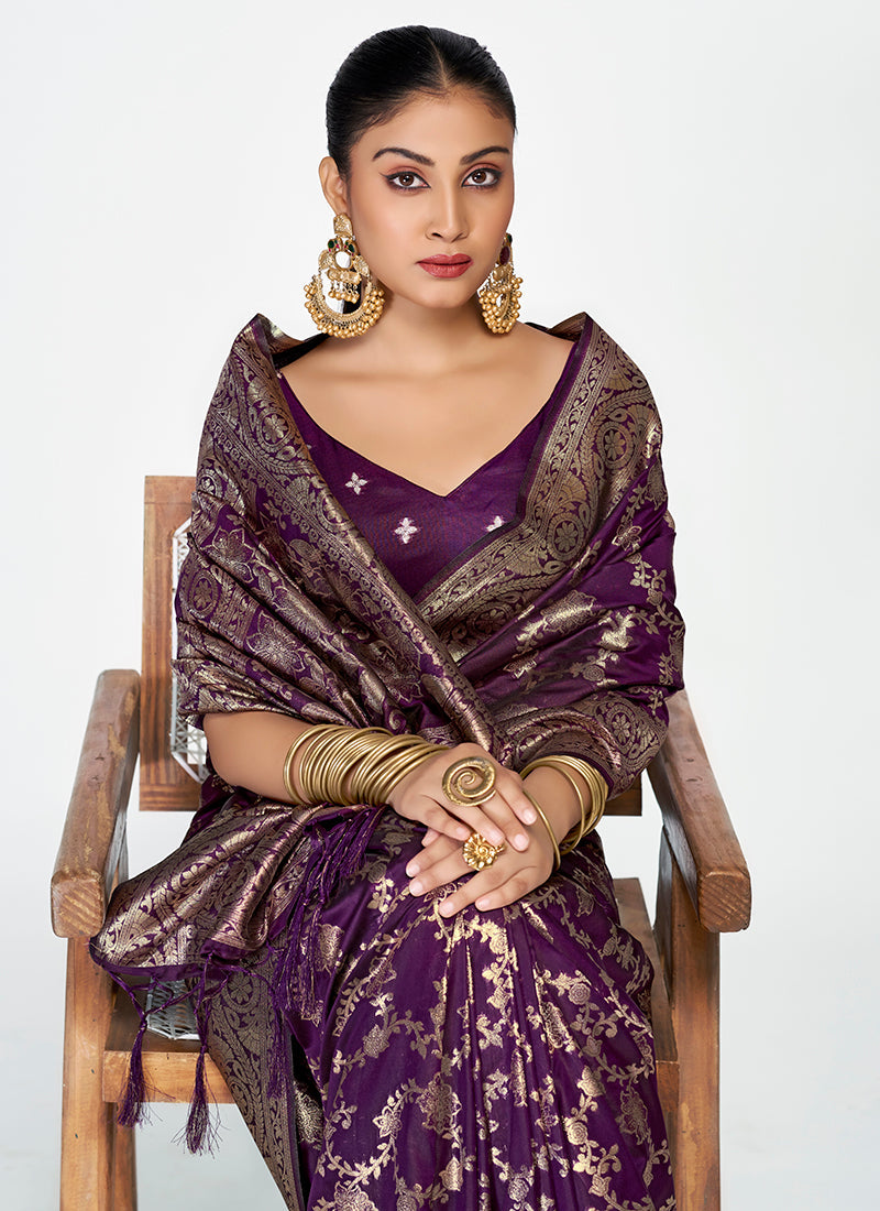Vellora Plum Purple Banarasi Silk Saree with Traditional Floral Zari Pattern - Distacart