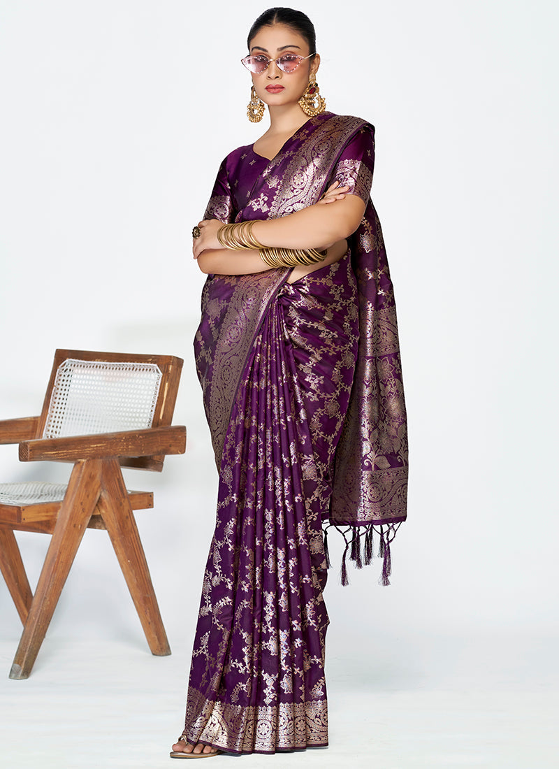 Vellora Plum Purple Banarasi Silk Saree with Traditional Floral Zari Pattern - Distacart