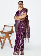 Vellora Plum Purple Banarasi Silk Saree with Traditional Floral Zari Pattern - Distacart