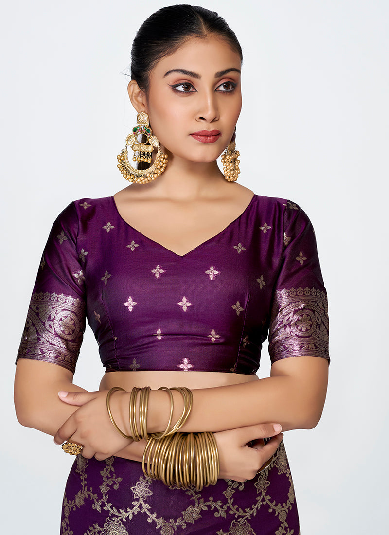 Vellora Plum Purple Banarasi Silk Saree with Traditional Floral Zari Pattern - Distacart