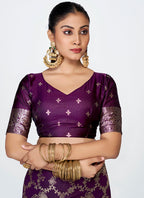 Vellora Plum Purple Banarasi Silk Saree with Traditional Floral Zari Pattern - Distacart