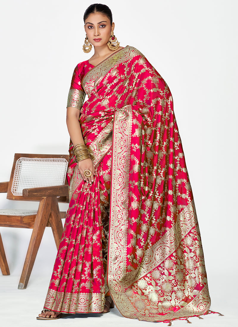 Vellora Rani Pink Banarasi Soft Silk Saree with Heavy Golden Jaal Weaving - Distacart