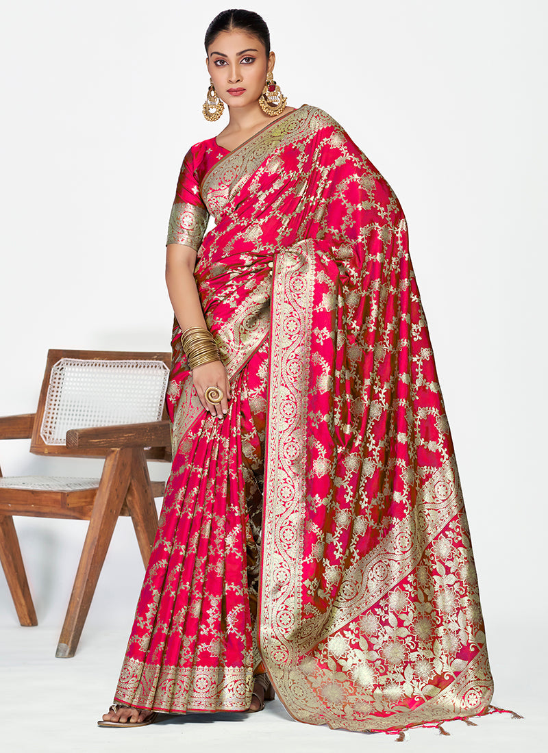 Vellora Rani Pink Banarasi Soft Silk Saree with Heavy Golden Jaal Weaving - Distacart