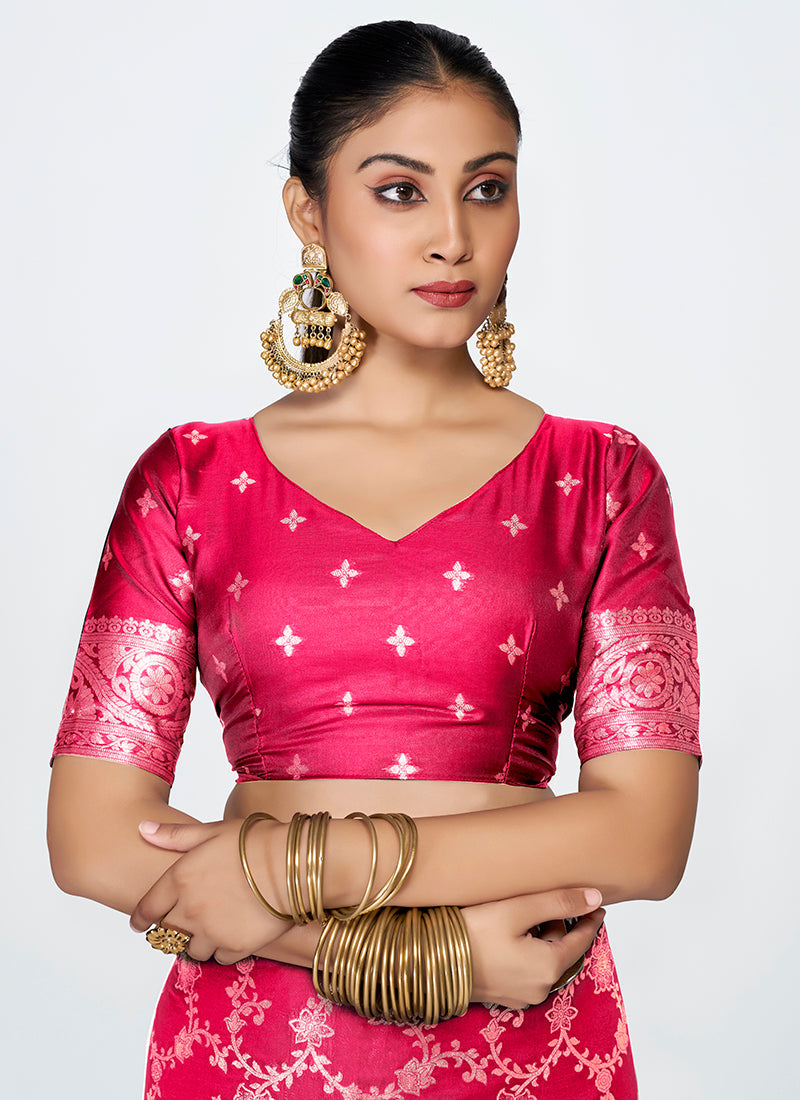 Vellora Rani Pink Banarasi Soft Silk Saree with Heavy Golden Jaal Weaving - Distacart