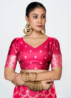 Vellora Rani Pink Banarasi Soft Silk Saree with Heavy Golden Jaal Weaving - Distacart