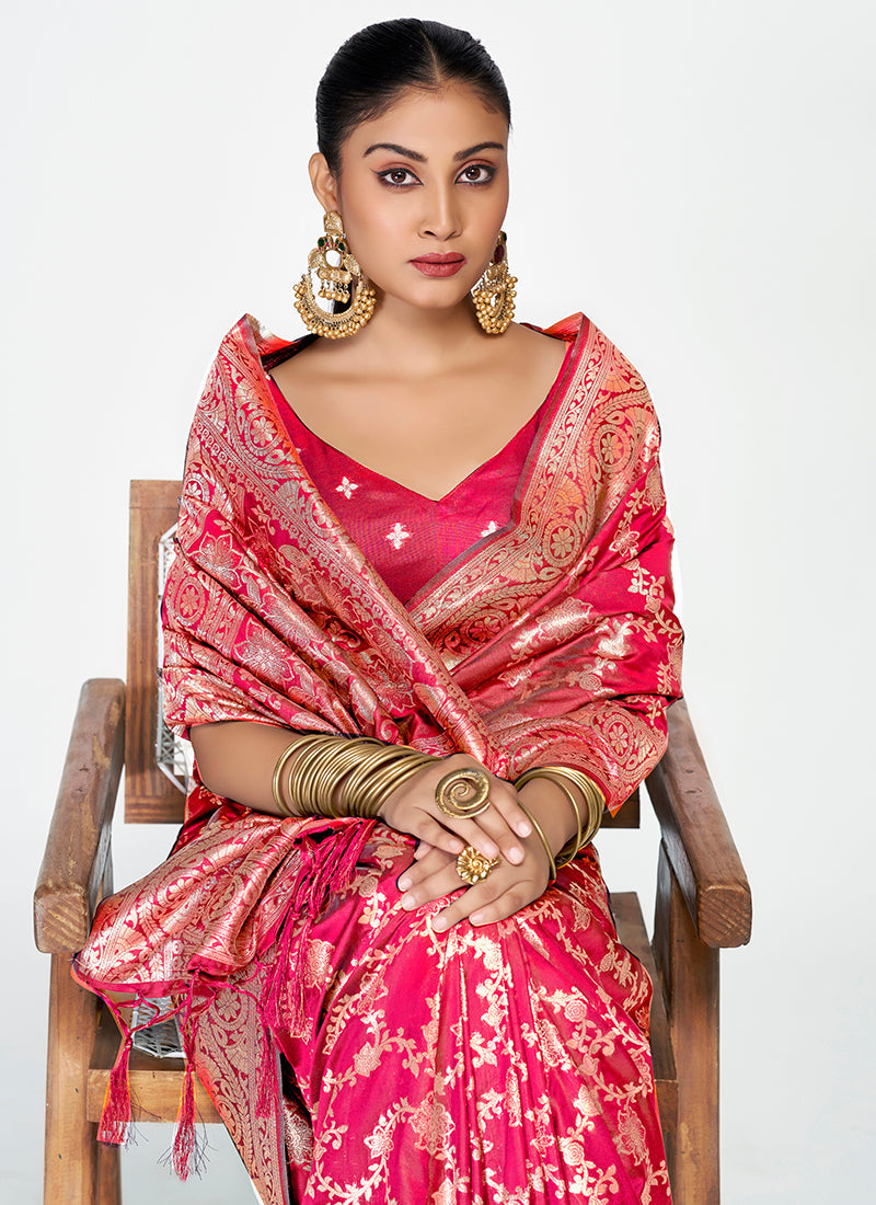 Vellora Rani Pink Banarasi Soft Silk Saree with Heavy Golden Jaal Weaving - Distacart