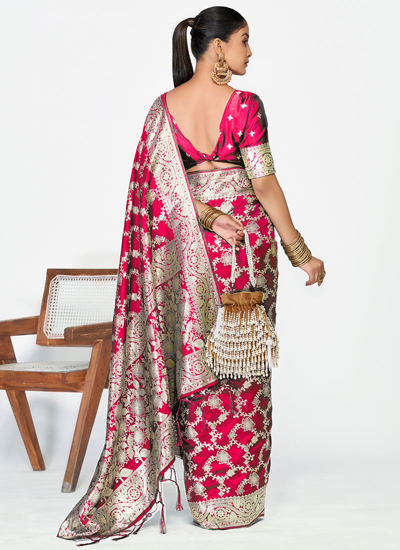 Vellora Rani Pink Banarasi Soft Silk Saree with Heavy Golden Jaal Weaving - Distacart