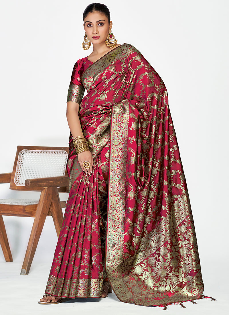 Vellora Wine Red Banarasi Silk Saree with Antique Golden Zari Work - Distacart