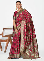 Vellora Wine Red Banarasi Silk Saree with Antique Golden Zari Work - Distacart