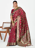 Vellora Wine Red Banarasi Silk Saree with Antique Golden Zari Work - Distacart