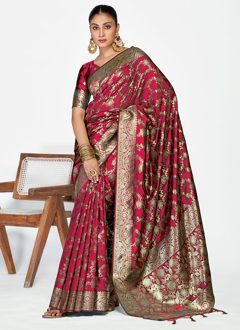 Vellora Wine Red Banarasi Silk Saree with Antique Golden Zari Work - Distacart