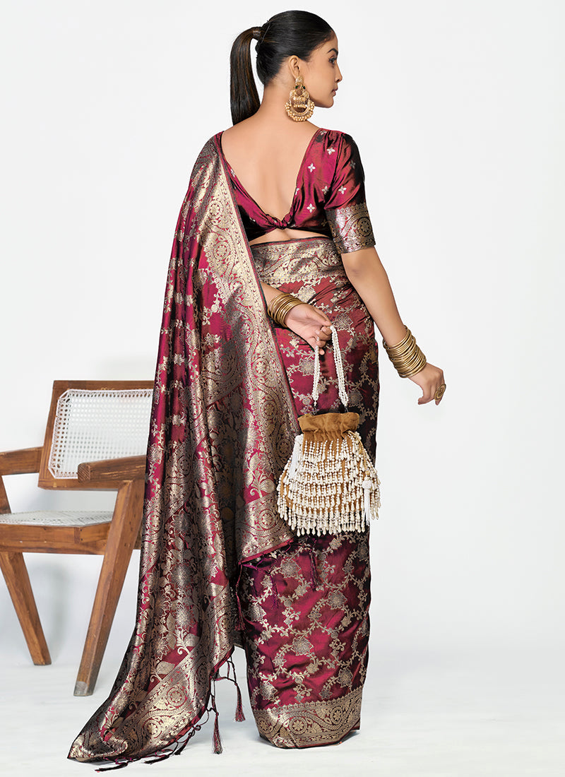 Vellora Wine Red Banarasi Silk Saree with Antique Golden Zari Work - Distacart