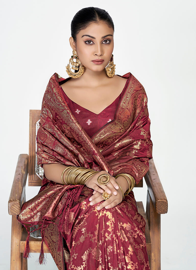 Vellora Wine Red Banarasi Silk Saree with Antique Golden Zari Work - Distacart
