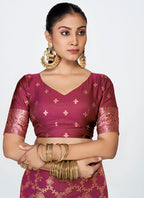 Vellora Wine Red Banarasi Silk Saree with Antique Golden Zari Work - Distacart