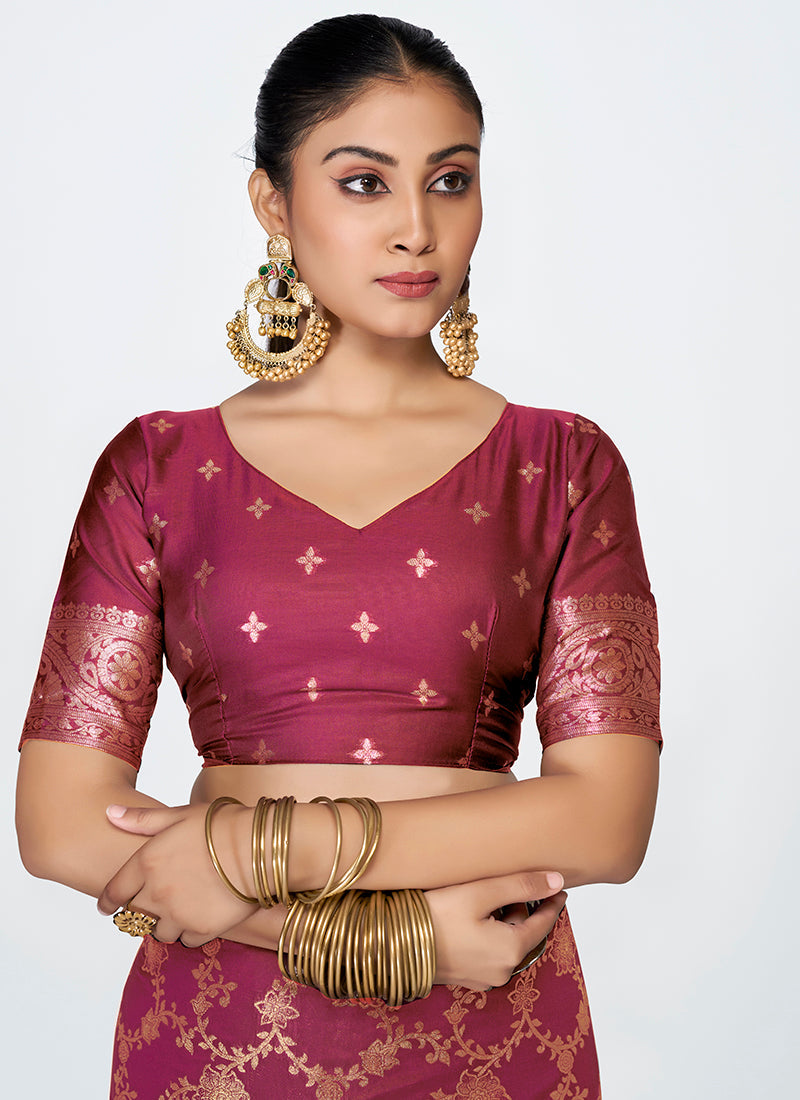 Vellora Wine Red Banarasi Silk Saree with Antique Golden Zari Work - Distacart