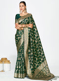 Vellora Bottle Green Banarasi Silk Saree with Elegant Zari Border - Distacart