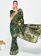 Vellora Bottle Green Banarasi Silk Saree with Elegant Zari Border - Distacart