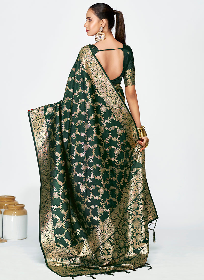Vellora Bottle Green Banarasi Silk Saree with Elegant Zari Border - Distacart