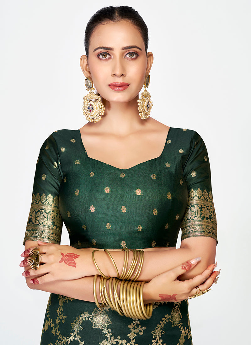 Vellora Bottle Green Banarasi Silk Saree with Elegant Zari Border - Distacart