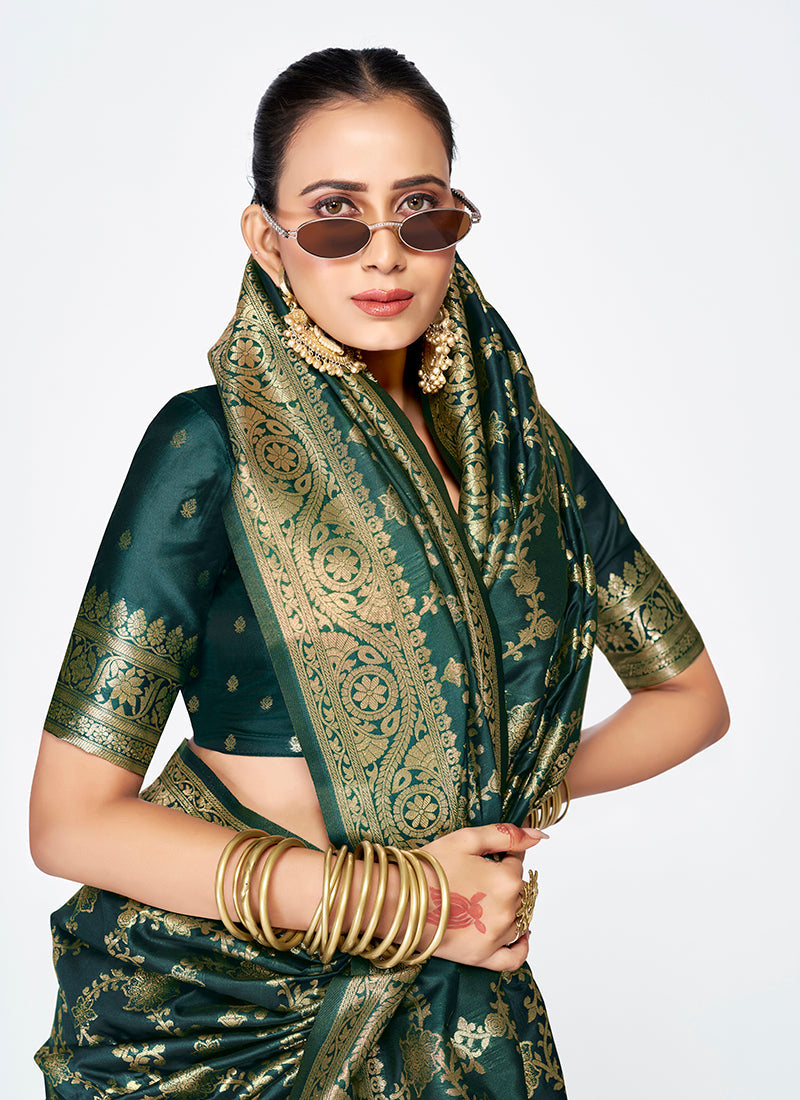 Vellora Bottle Green Banarasi Silk Saree with Elegant Zari Border - Distacart