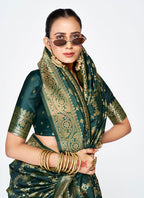 Vellora Bottle Green Banarasi Silk Saree with Elegant Zari Border - Distacart