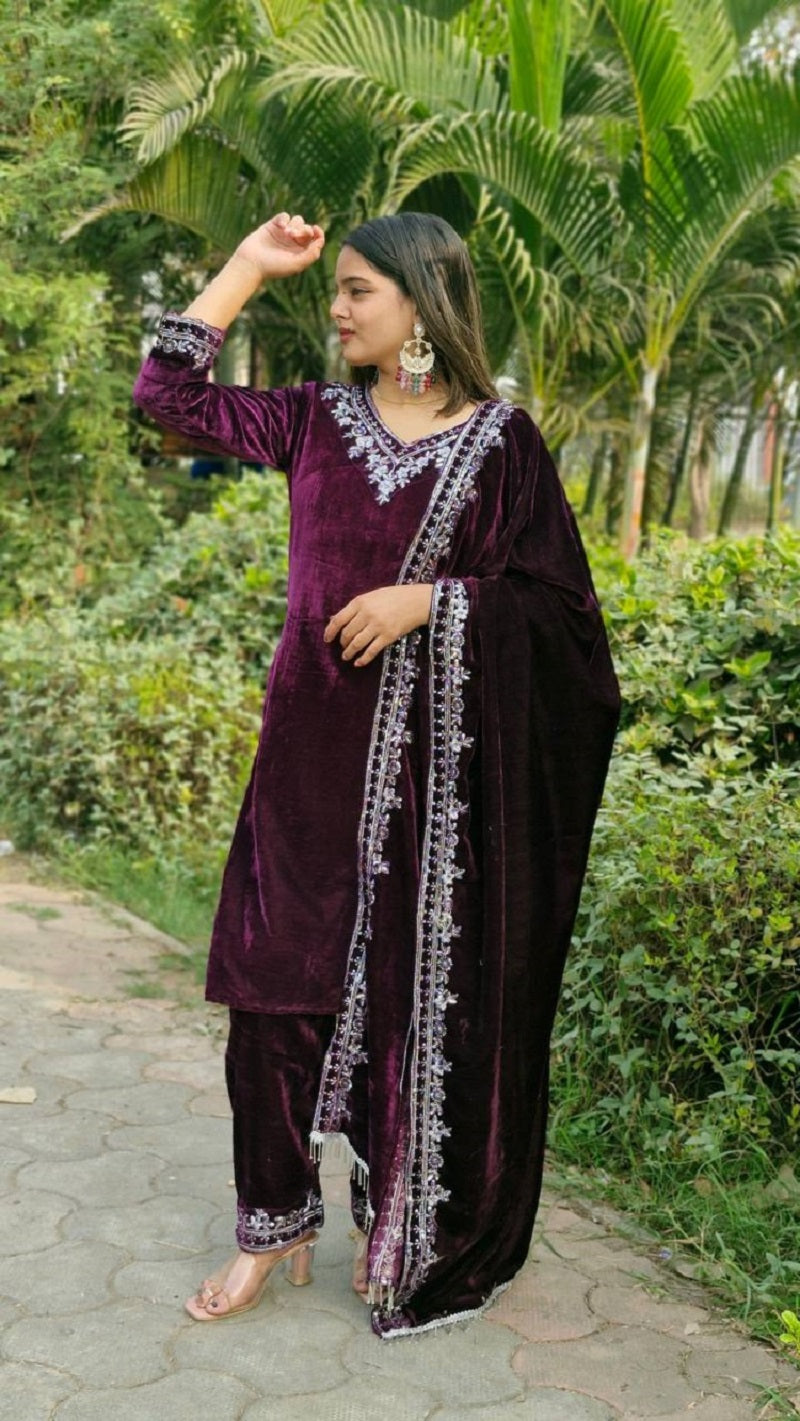 Lehenga Mart Designer Velvet Ready to wear Kurta Pant Dupatta for Women - Distacart