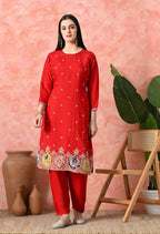 Joban Fashion Red Premium Pure Viscose Print Dola With Handwork Kurta Set
