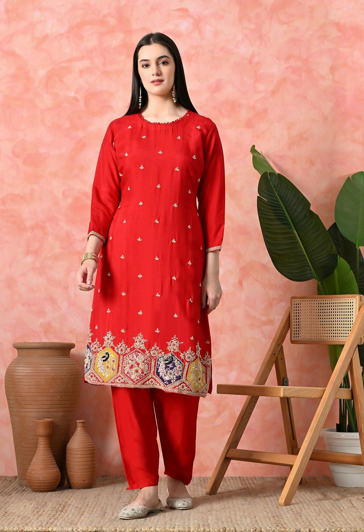 Joban Fashion Red Premium Pure Viscose Print Dola With Handwork Kurta Set