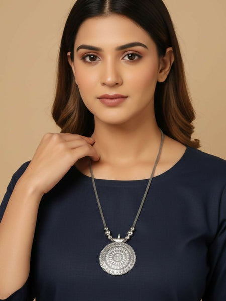 NVR Women Round Mandaliya Silver Plated Necklace