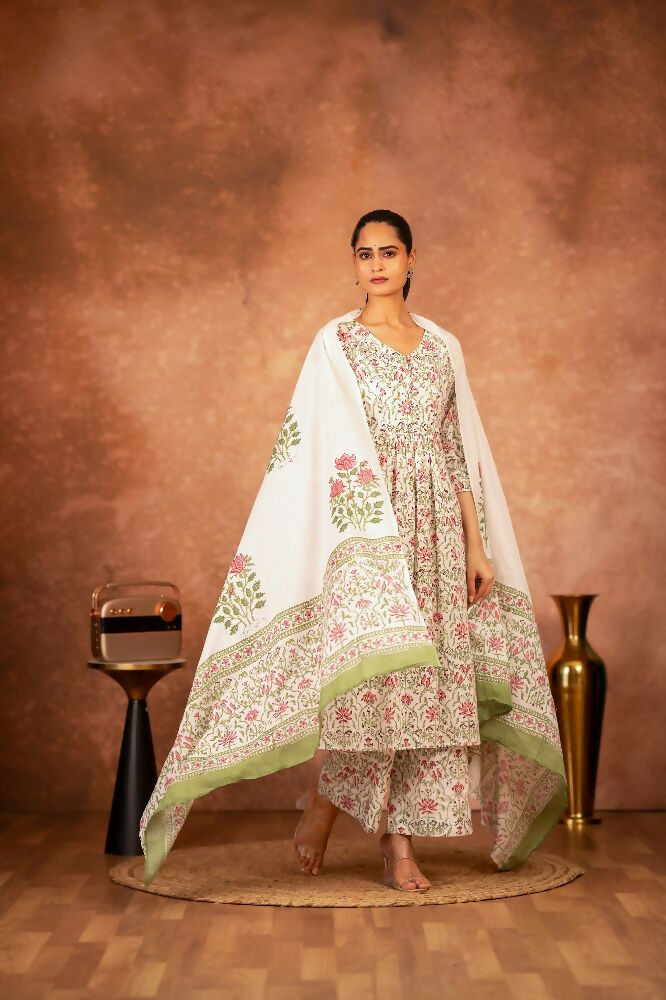 Joban Fashion Green Pink Hand Block Printed Cotton Suit Set - Distacart