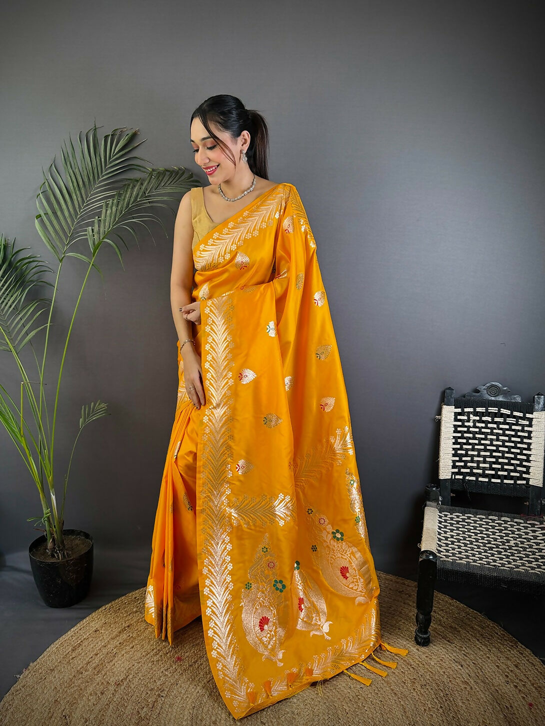 Joban Fashion Banarasi Orange Woven Soft Silk Saree - Distacart