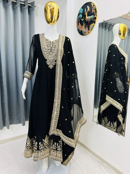 Teeya Creation Black Color Faux Georgette Embroidery Work Long Party Wear Gown