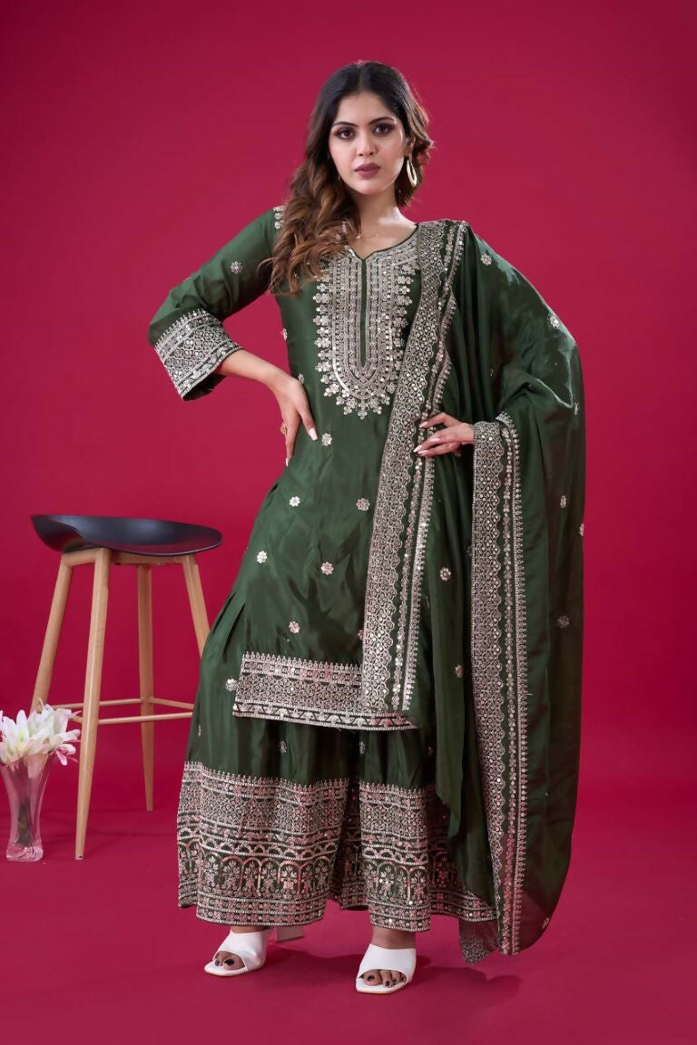Teeya Creation Green Colour Chinnon Silk Heavy Embroidery Work Fully Stitched Salwar Suit - Distacart