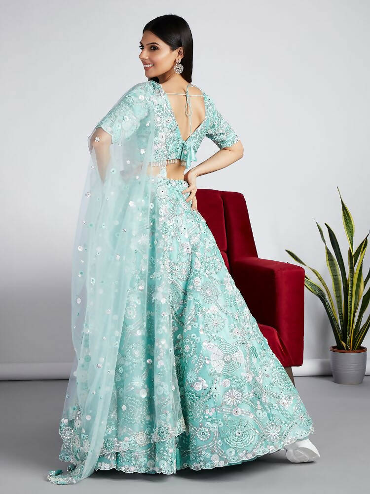 House of Panchhi Turquoise Blue Organza Sequins, Zarkan And Thread Embroidery Lehenga Choli & Dupatta