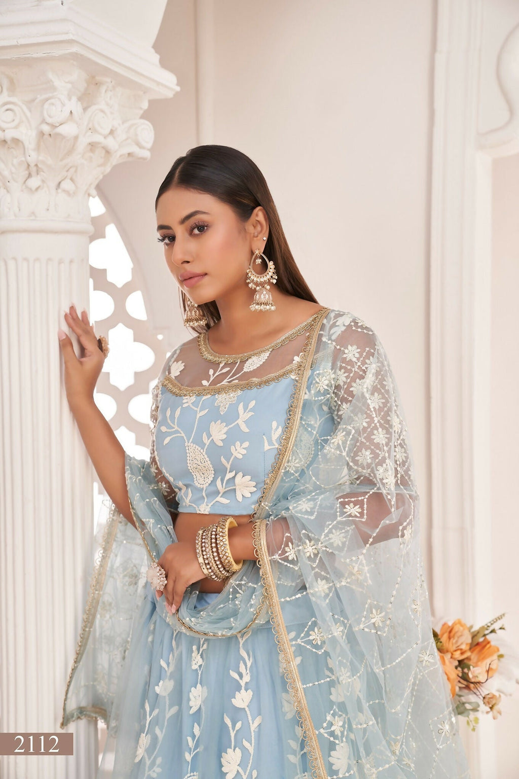 Eilara Women'S Sky Blue Butterfly Net Embroidered Thread Work Festivals Lehenga Choli