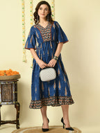 Myshka Women's Blue Printed Cotton Party Dress - Distacart