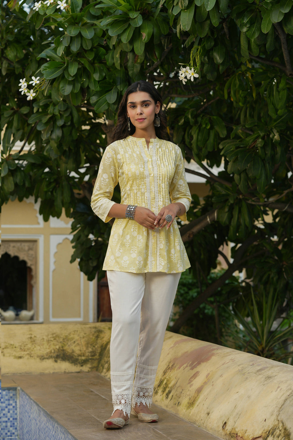 Juniper Women's Yellow Cambric Placement Floral Printed Tunic - Distacart
