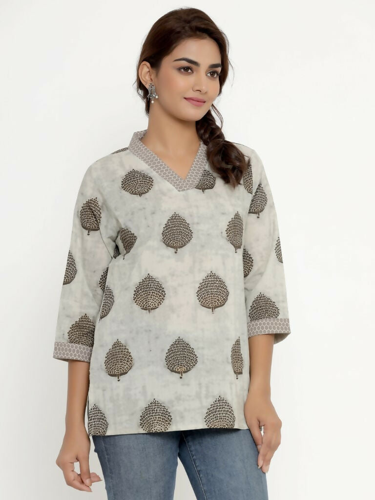 Miravan Women's Brown Floral Printed Pure Cotton Tunic