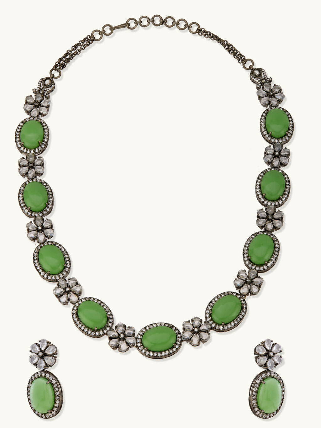 Nuyug Antique Silver Plated Crystal Studded Faux Jade Stones Embellished Necklace Set
