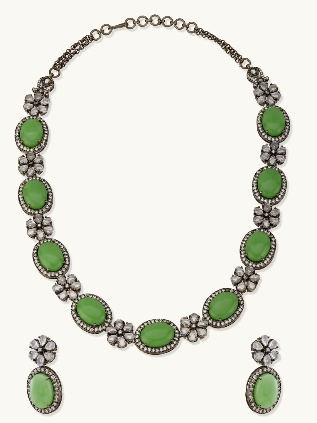 Nuyug Antique Silver Plated Crystal Studded Faux Jade Stones Embellished Necklace Set