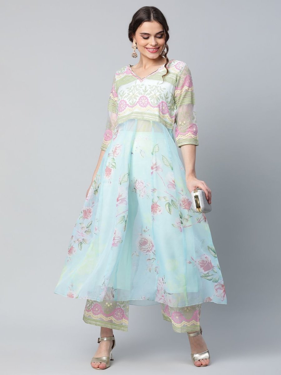 Ahalyaa Women Sea Green Organza Romantic Florals Kurta Palazzo Set