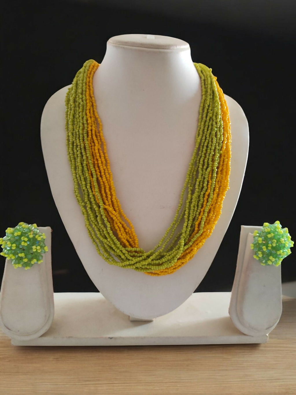 Inhanns Vibrant Handmade 20 Layers Beaded Necklace With Matching Earrings - Yellow & Green